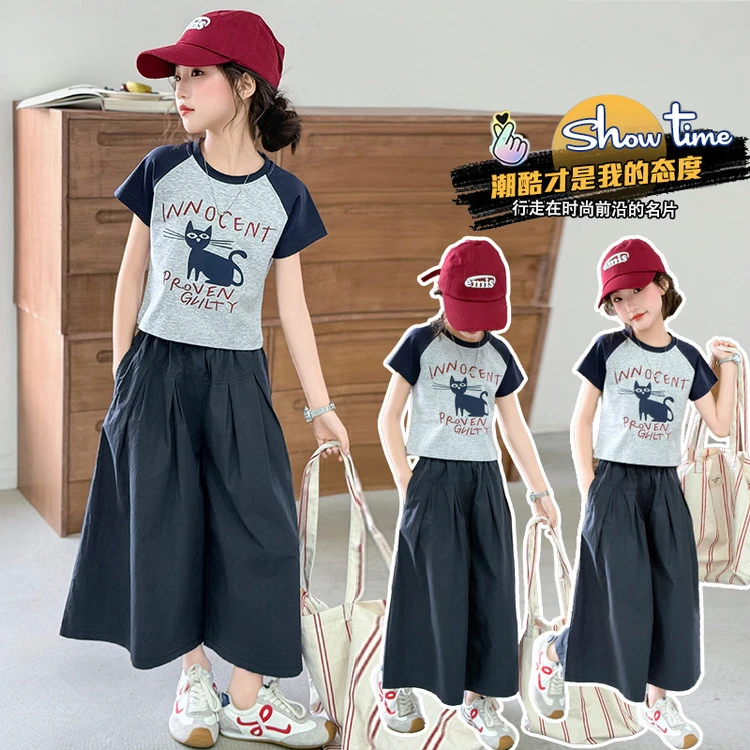 母女装 女童亲子同款25年夏季新品小猫印花T恤裙裤套装阔腿夏日