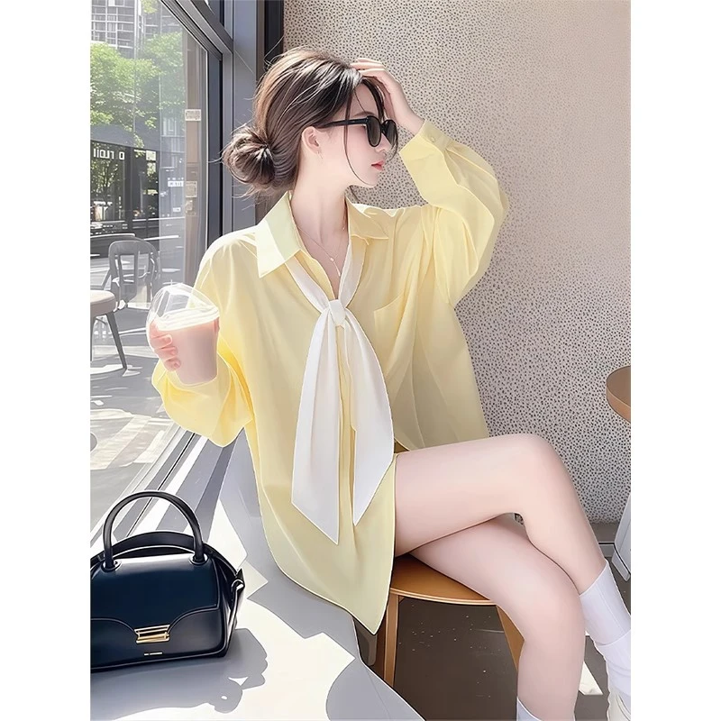 法式系带雪纺防晒衬衫女夏新款高级感独特别致宽松薄款开衫上衣