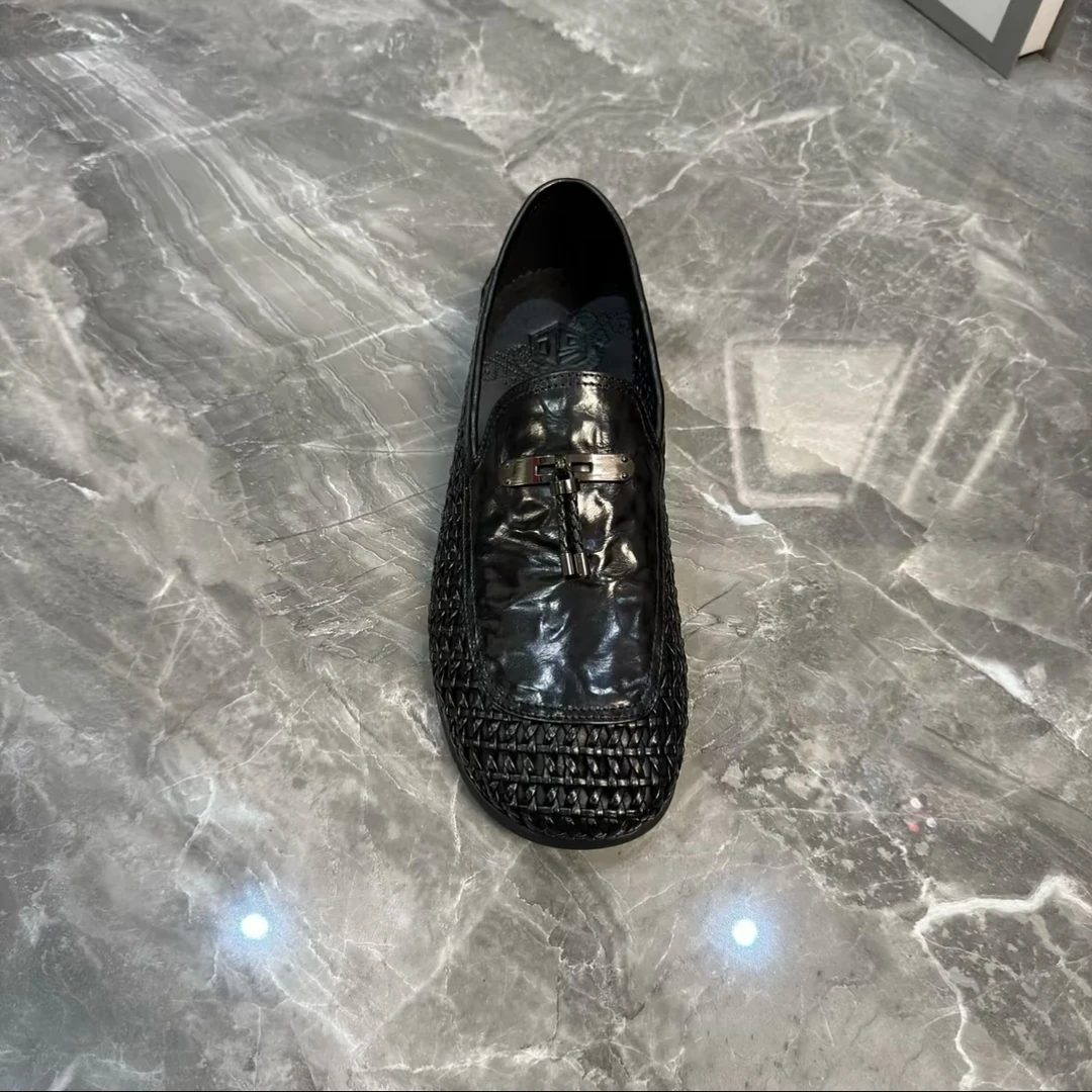 D2588男士一脚蹬低帮高软弹商务休闲时尚百搭真皮编织男休闲鞋