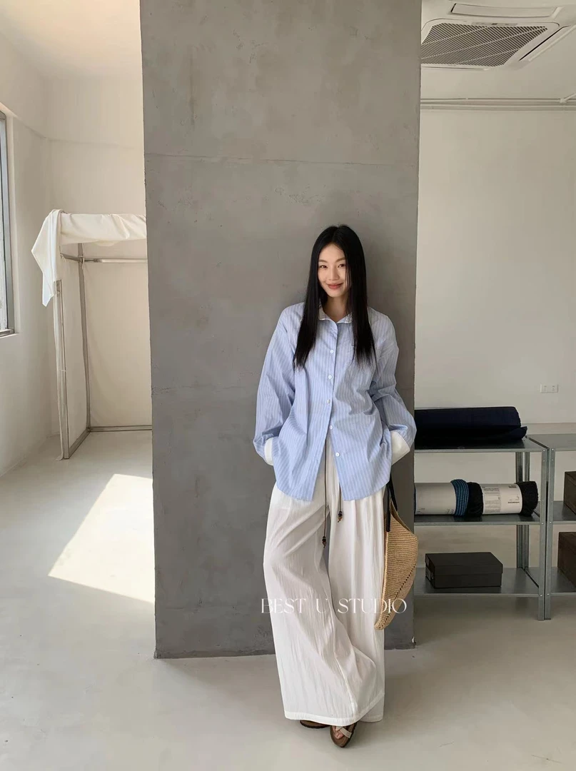 米古古BU 61970#福 条纹慵懒撞色休闲韩系衬衣（衣长78）