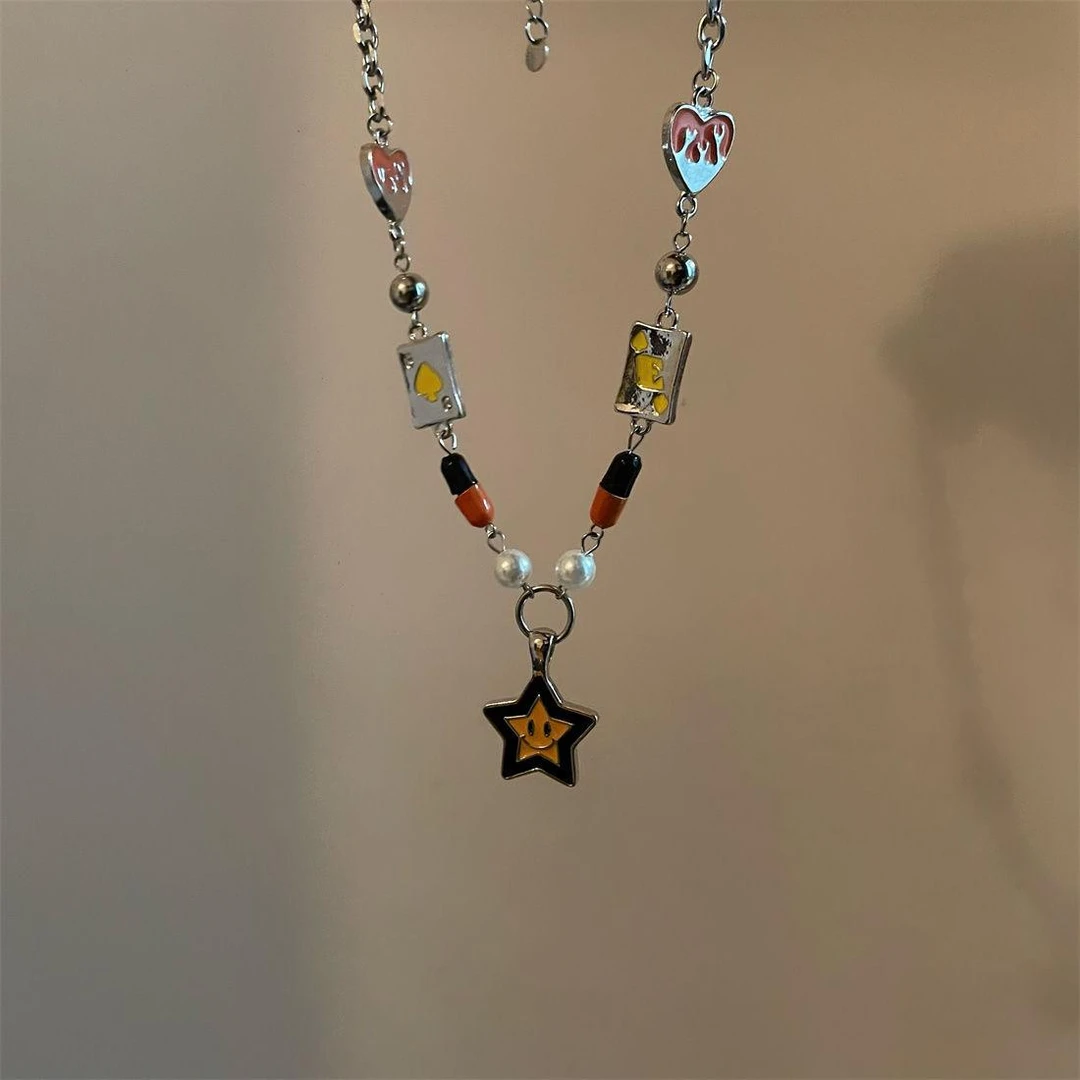 潮牌星星笑脸拼接项链男女款锁骨链嘻哈小众女生配饰