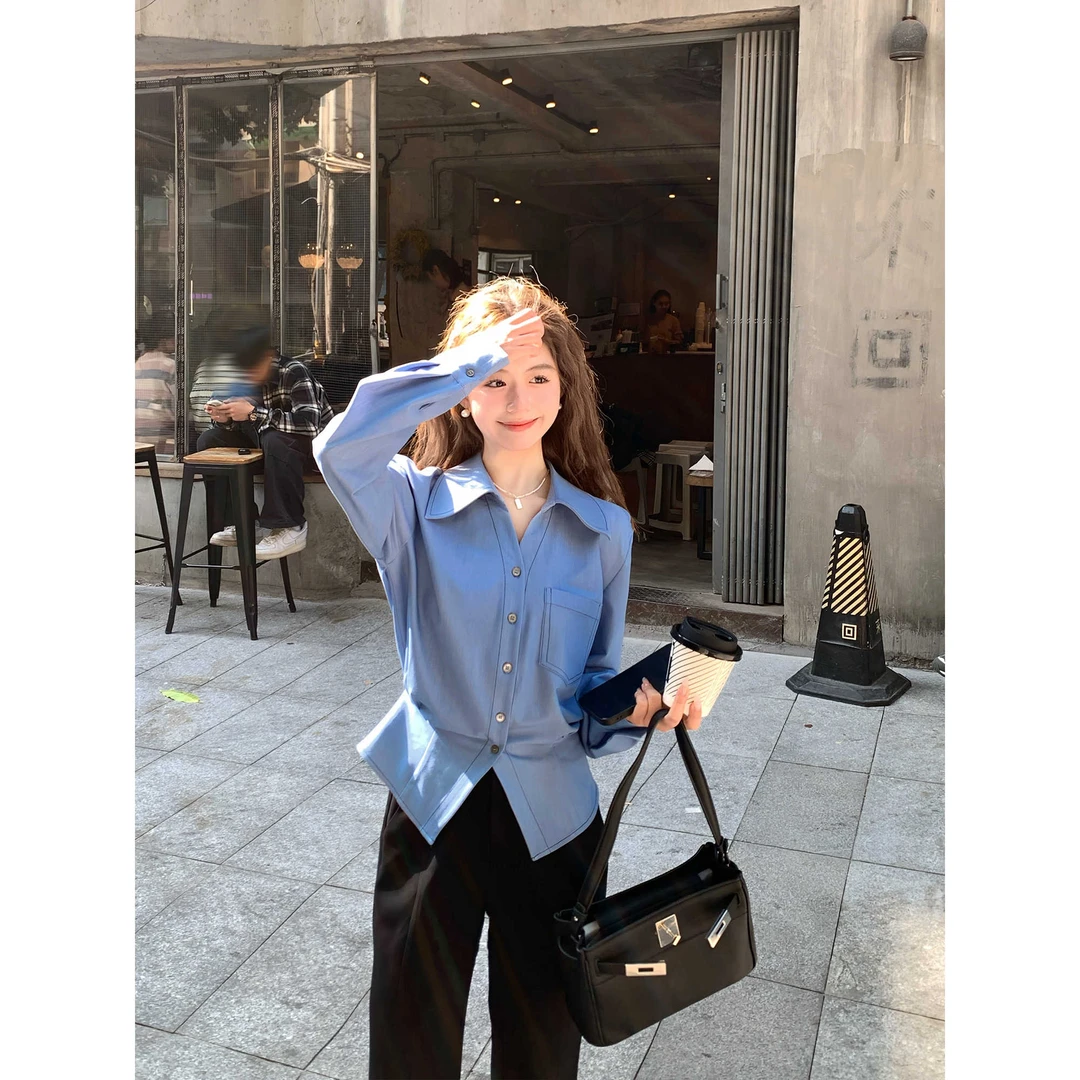 韩系收腰蓝色小个子衬衫女春季新款设计感收腰时尚气质长袖上衣