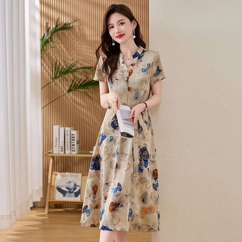 复古油画印花短袖连衣裙女夏季新款高级感气质V领雪纺短袖中长裙