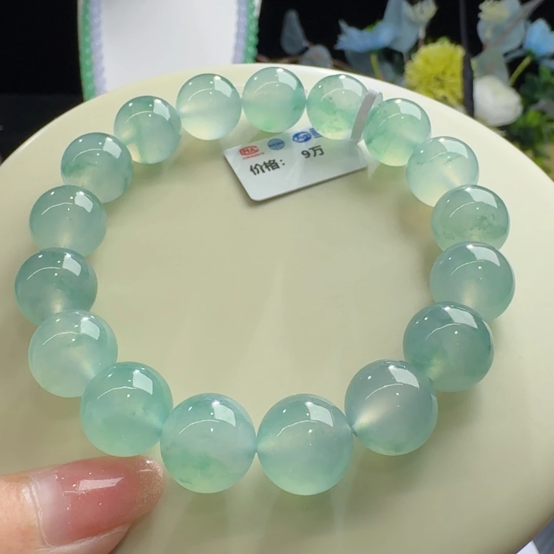 未镶嵌手链翡翠力推！冰胶种老芙蓉绿飘花单圈卡12.4