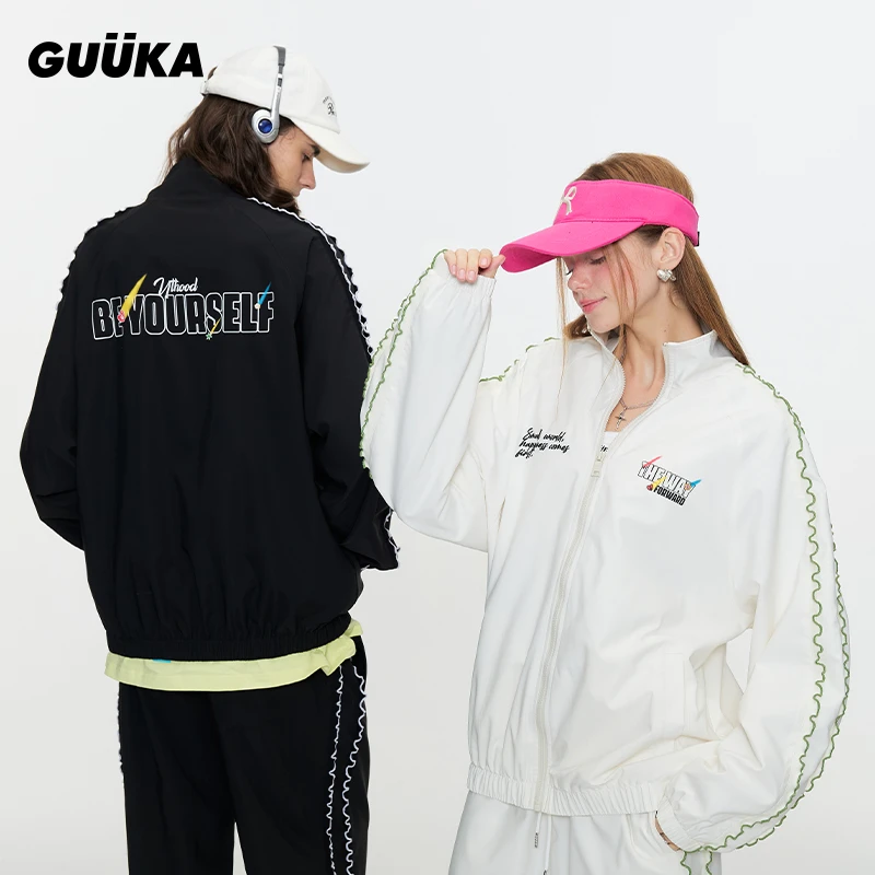 潮牌黑色休闲外套字母刺绣春 情侣立领夹克运动套装K61029+X61030