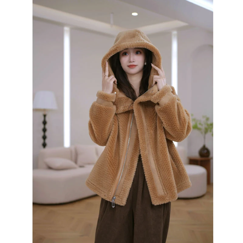 HANYU/韩禹TF107新款2024秋冬时尚100%羊毛外套女休闲连帽款气质