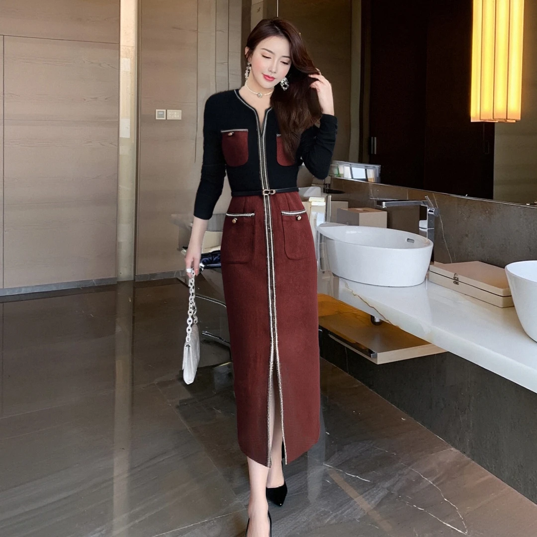 A长袖春秋拼接修身女装连衣裙撞色秋季小香风针织时尚长裙2912