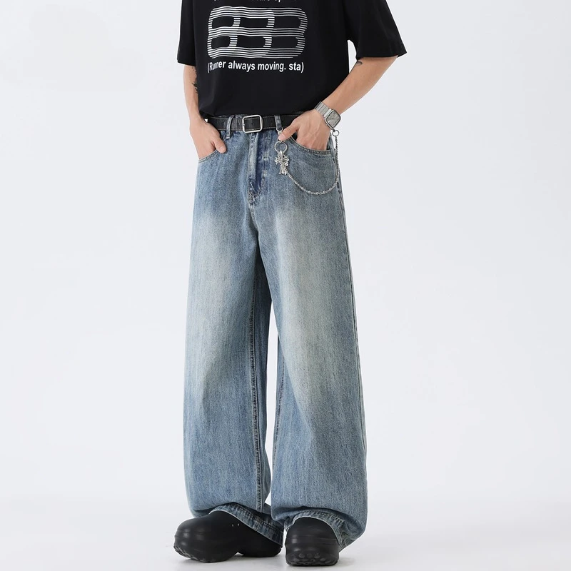 美式高街水洗做旧百搭牛仔裤男士秋季潮牌cleanfit阔腿直筒休闲裤