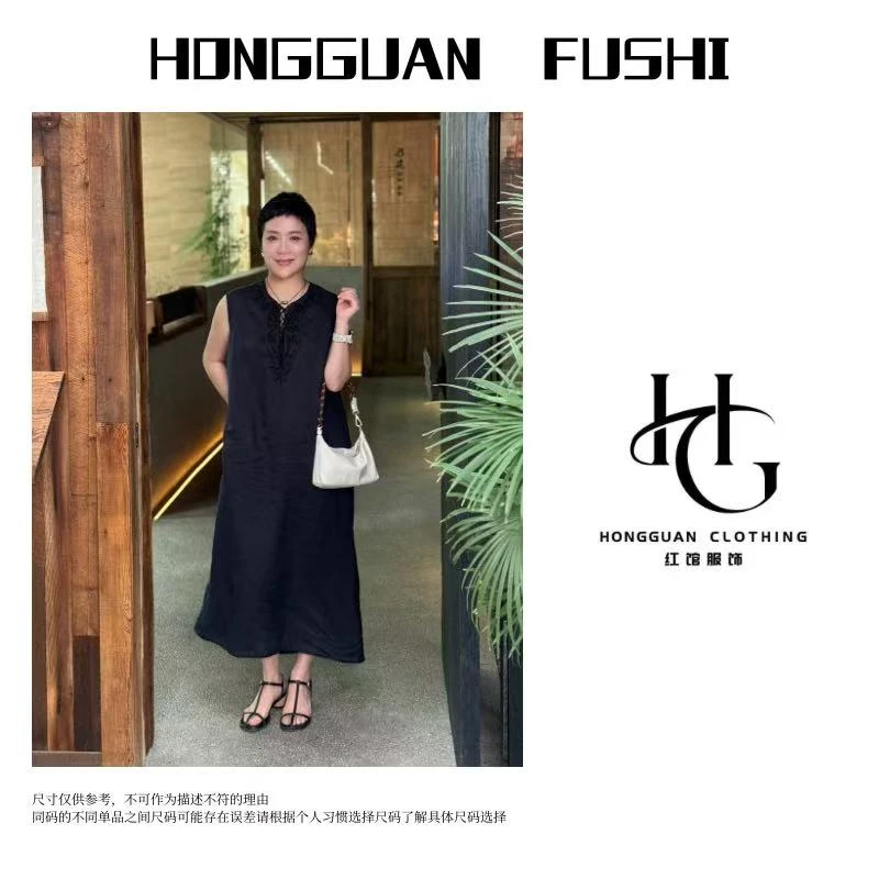 H·G【月影裙】2215  新款气质百搭亚麻前胸襟花无袖长款连衣裙