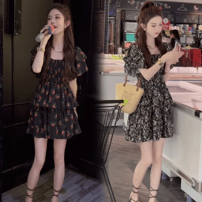 2025夏季女新款法式油画泡泡袖甜美连衣裙收腰显瘦气质碎花蛋糕裙