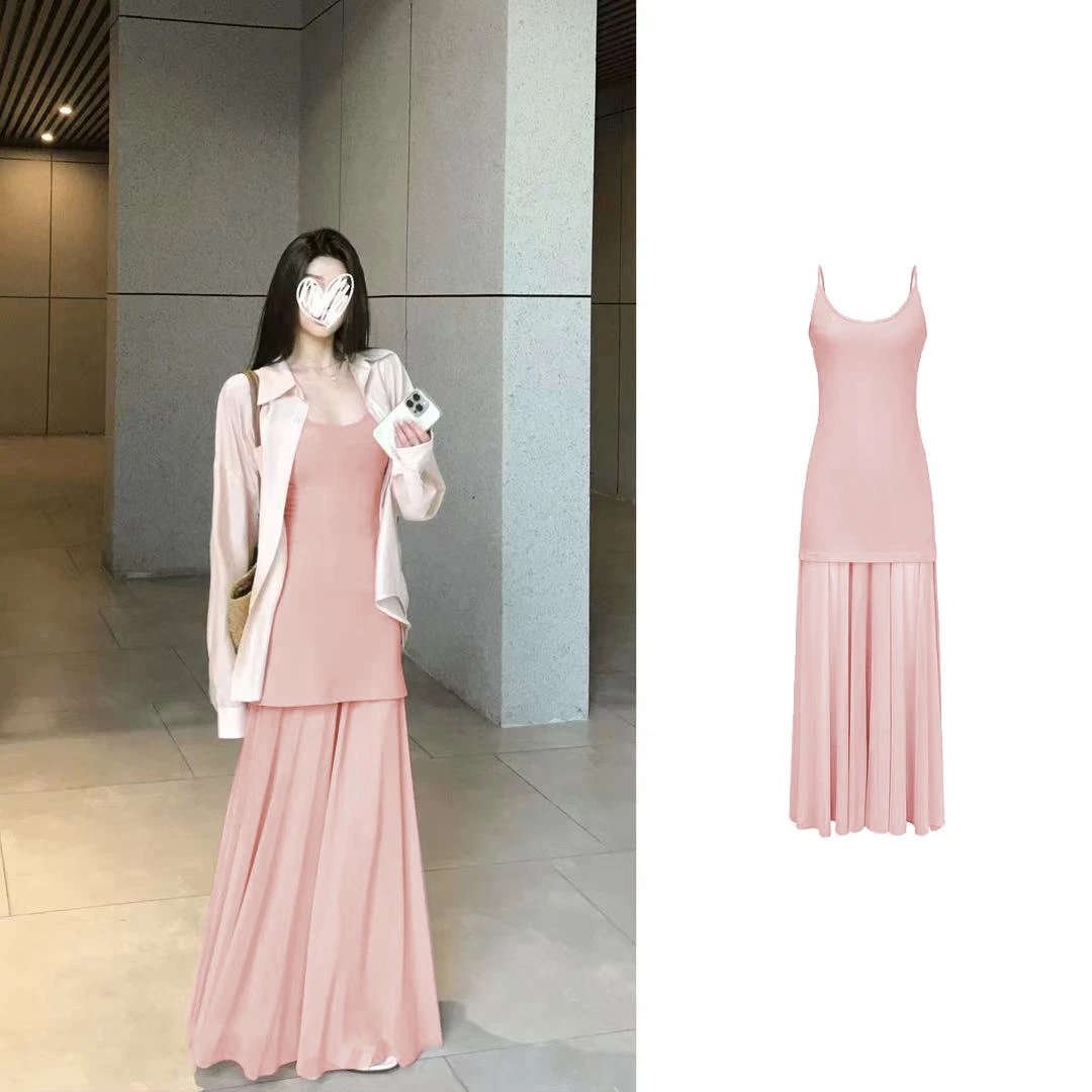 【6-8运补】淡人收腰长裙仙女裙清冷艺术拼接网纱新疆棉针织吊带裙