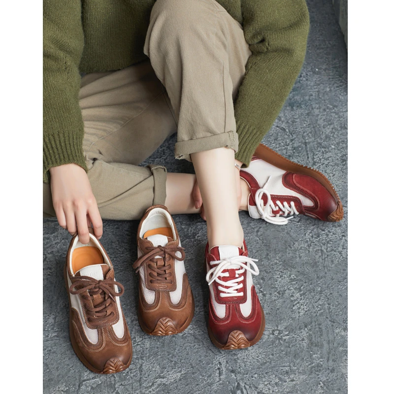 2025春季新款真皮圆头系带撞色单鞋女时尚平跟休闲鞋阿甘鞋