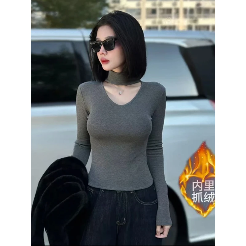 现货！2025秋季新款挂脖V领磨毛T恤打底衫设计感小众修身辣妹上衣