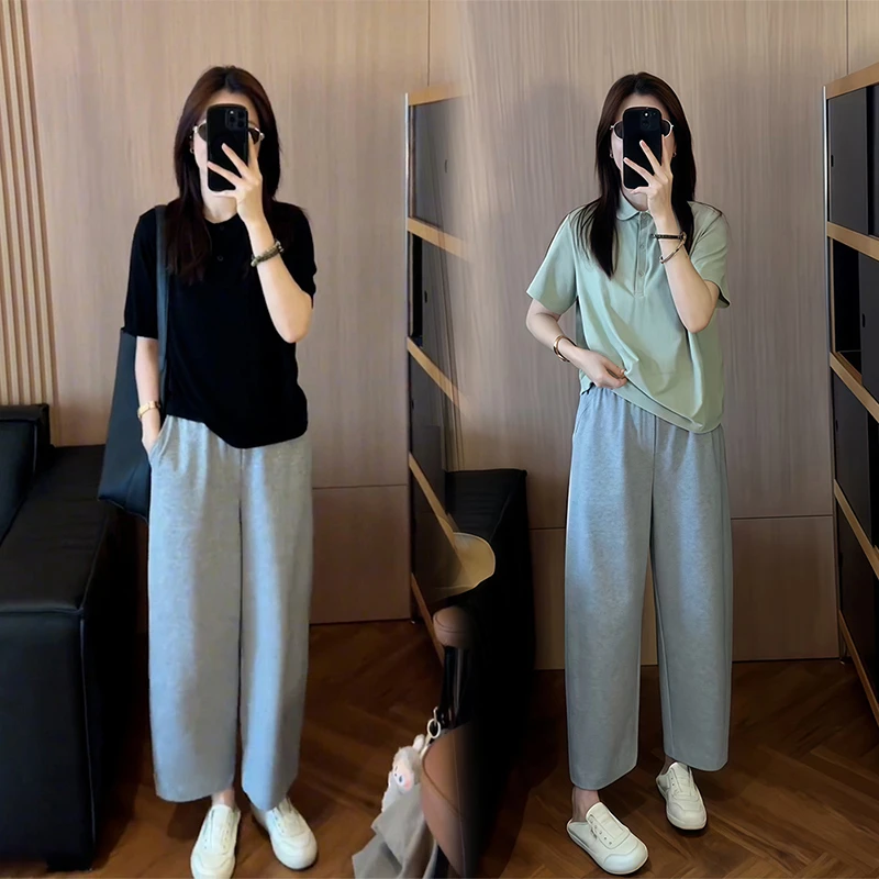 韩版减龄气质POLO领短袖女夏季新款小众百搭上衣九分休闲裤两件套