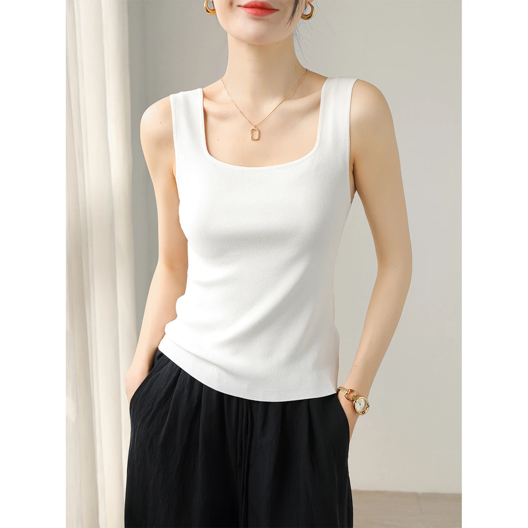 气质方领冰丝针织背心女夏季无袖加宽肩带修身打底上衣遮副乳白色