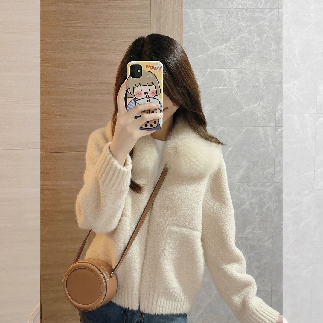 推荐现货米白色慵懒风高级感小个子短款加厚羊羔毛外套女款冬季