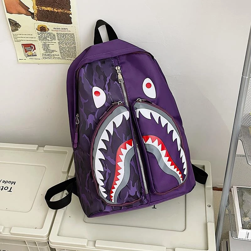 小众设计感搞怪丑萌双肩包女大容量潮酷鲨鱼背包初中纯色简约书包