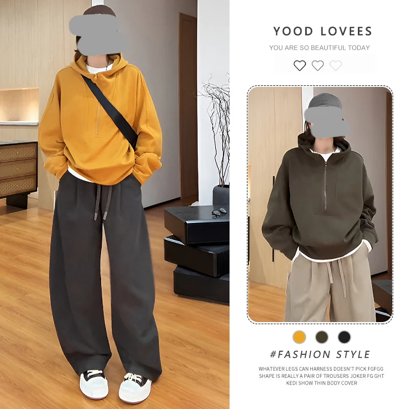 日系复古基础版半拉链连帽休闲卫衣设计感宽松百搭慵懒风气质上衣