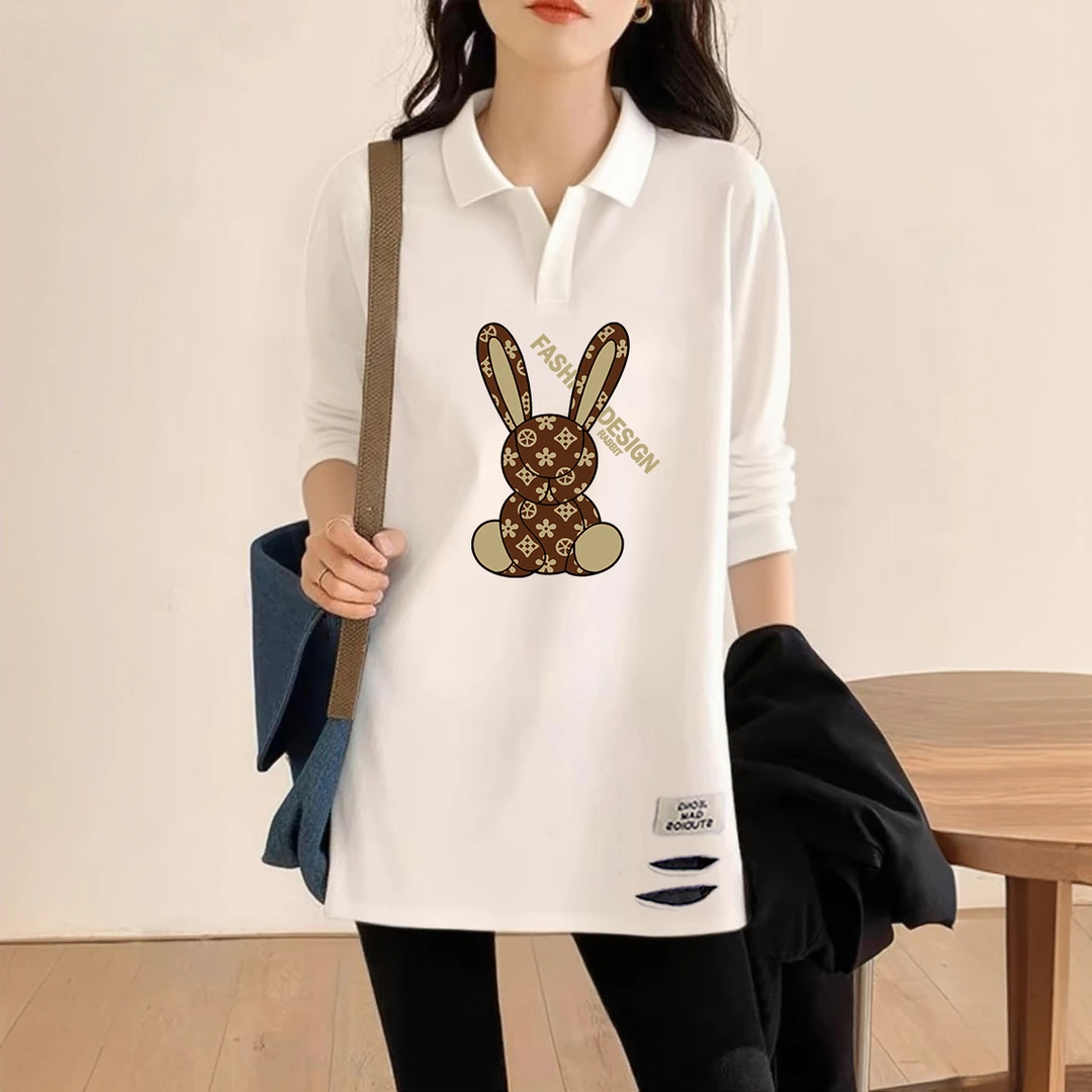 百搭宽松POLO领减龄上衣秋季新款慵懒风女士中长款白色长袖t恤