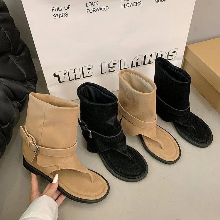 夏新款夹趾搭扣ins法式宽松套筒短筒裤管凉靴女