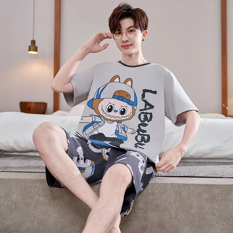 睡衣男款夏季短袖纯棉青少年卡通加大码男士夏季薄款家居服套装