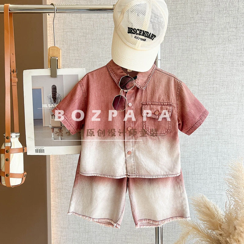 【甜甜草莓】渐变牛仔衬衫短裤 2件套