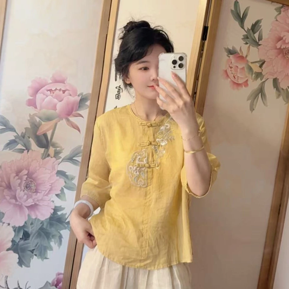 8693 国风中式圆领盘扣刺绣苎麻上衣女2025夏季新款百搭女装衬衫