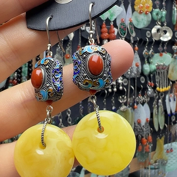 好***～琥珀银S925镶嵌耳饰