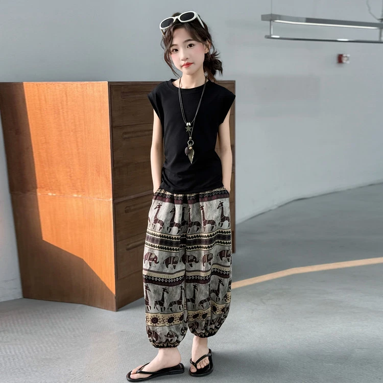 女童套装2025夏季薄款中大童洋气九分灯笼裤休闲T恤时髦两件套潮