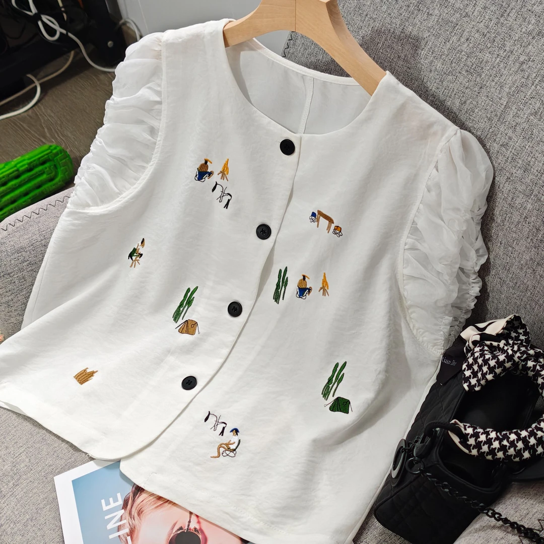 【运补5-8元】韩系重工刺绣圆领背心宽松高级感飞飞袖蓝色外穿马甲