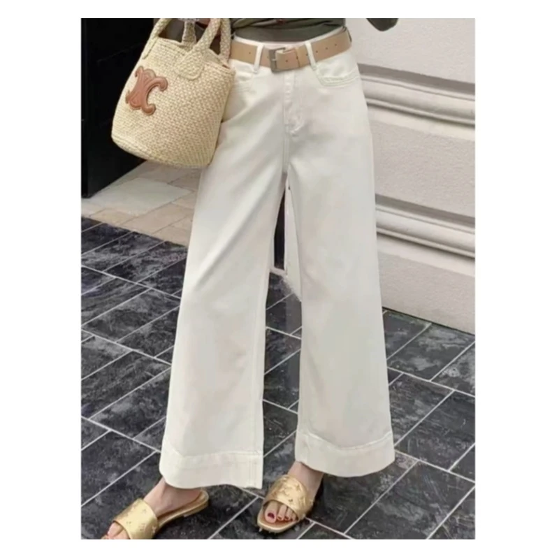 1185新款拼接宽边白色牛仔九分阔腿裤显瘦时尚夏季宽松百搭裤子