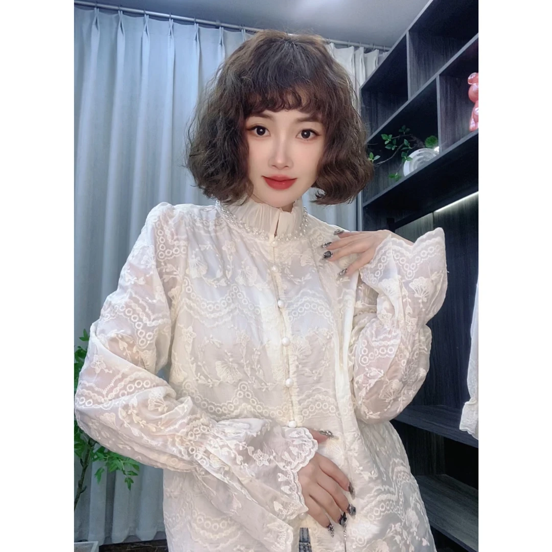 2025重工刺绣花边立领开衫衬衫气质宽松遮肉洋气上衣
