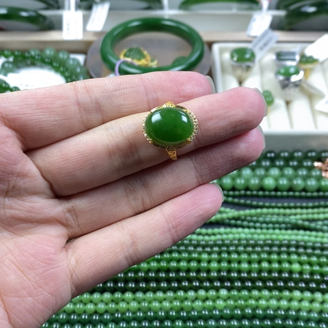 和田玉（碧玉）戒指银S925镶嵌小*