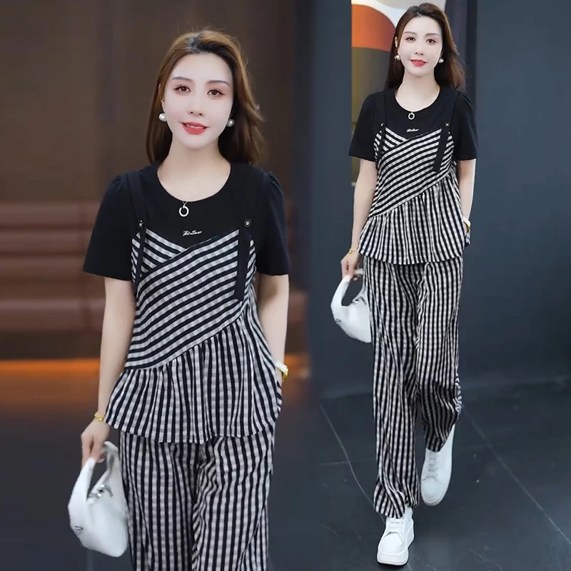 时尚洋气套装女夏季新款假两件格子短袖上衣阔腿裤显瘦冰丝两件套