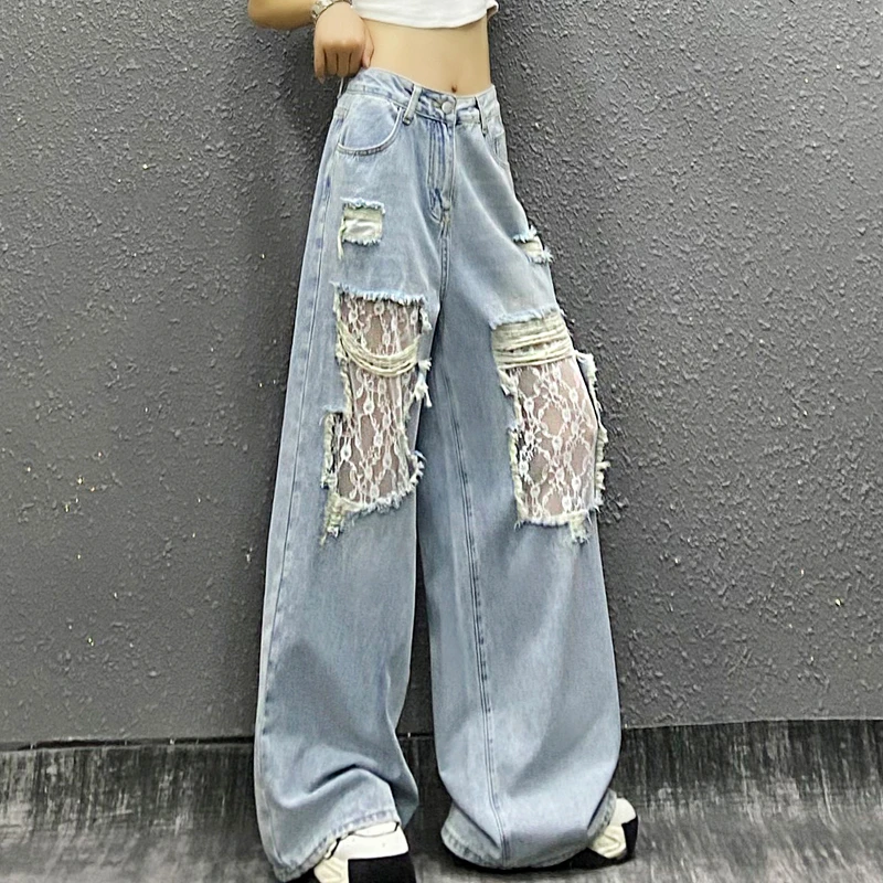 蕾丝拼接破洞休闲牛仔裤女春新款高腰宽松显瘦百搭直筒阔腿拖地裤