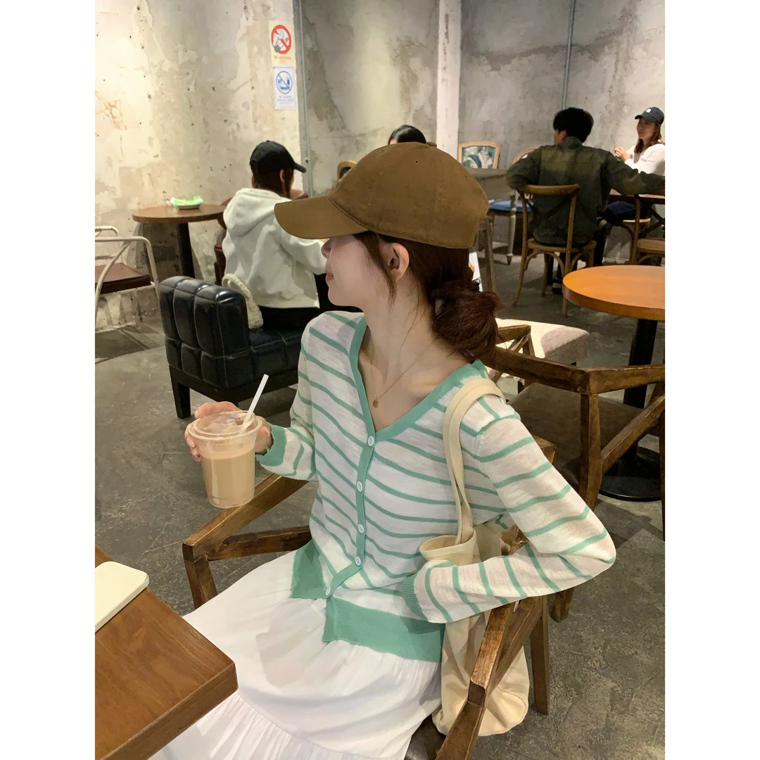 【C·Cai】撞色条纹V领薄款开衫8157#宽松百搭上衣
