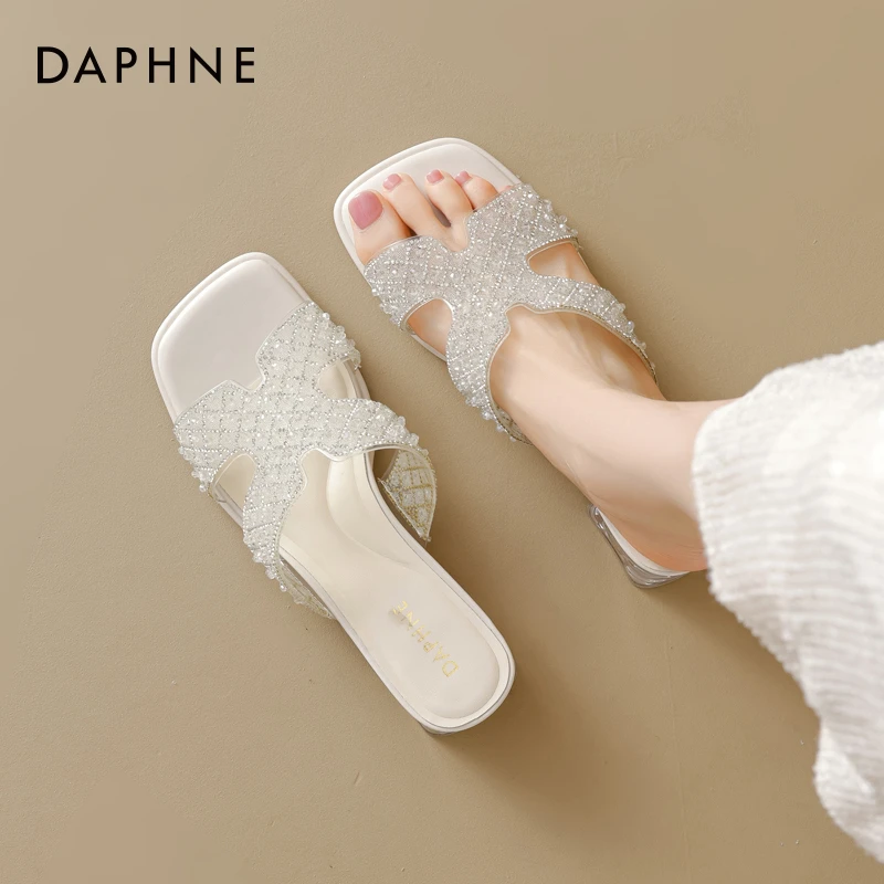 达芙妮高跟拖鞋女款2025新款夏季外穿配裙子凉拖水晶粗跟绝美凉鞋