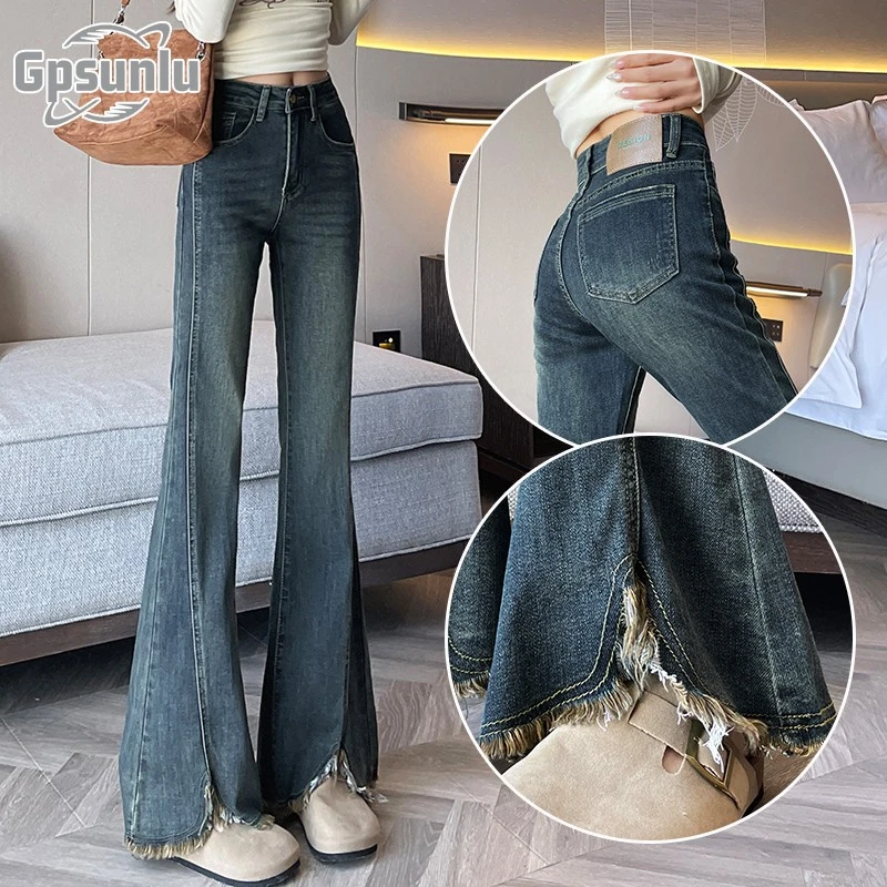 gpsunlu女士牛仔喇叭裤修身显瘦夏季直筒高腰梨型白色牛仔阔腿裤