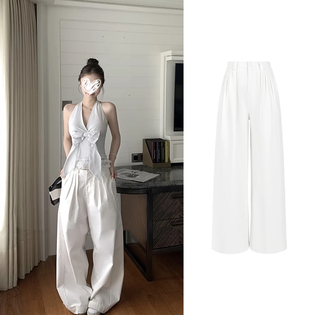 【春日舒适区】阔腿白色复古显瘦裤C  8613#