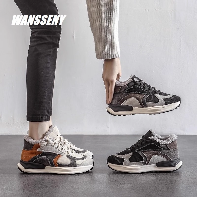 WANSSENY2025年冬季厚底加绒保暖阿甘鞋女新款羊羔毛休闲老爹鞋女