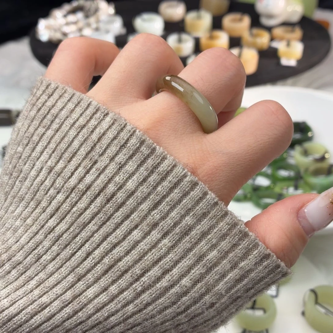 和田玉（糖玉）未镶嵌戒指S72一口糖圆条17.3