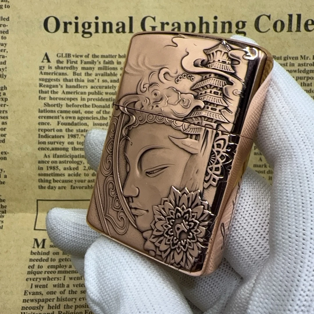 正品ZORRO 打火机3D七级浮屠佛塔观音纯铜盔甲浮雕煤油送男士礼物