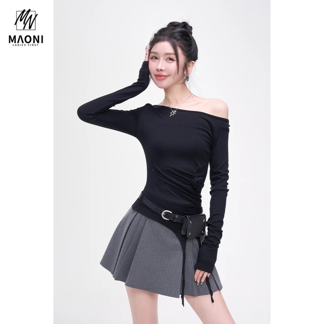 毛妮Peshe【斜肩飘带花朵T恤】不规则长袖修身显瘦百搭褶皱L1392