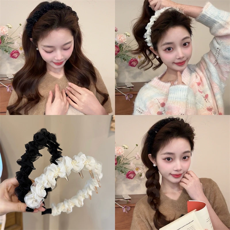 甜美网纱褶皱发箍气质倒插防滑头箍珍珠点缀发捆发饰洋气头饰