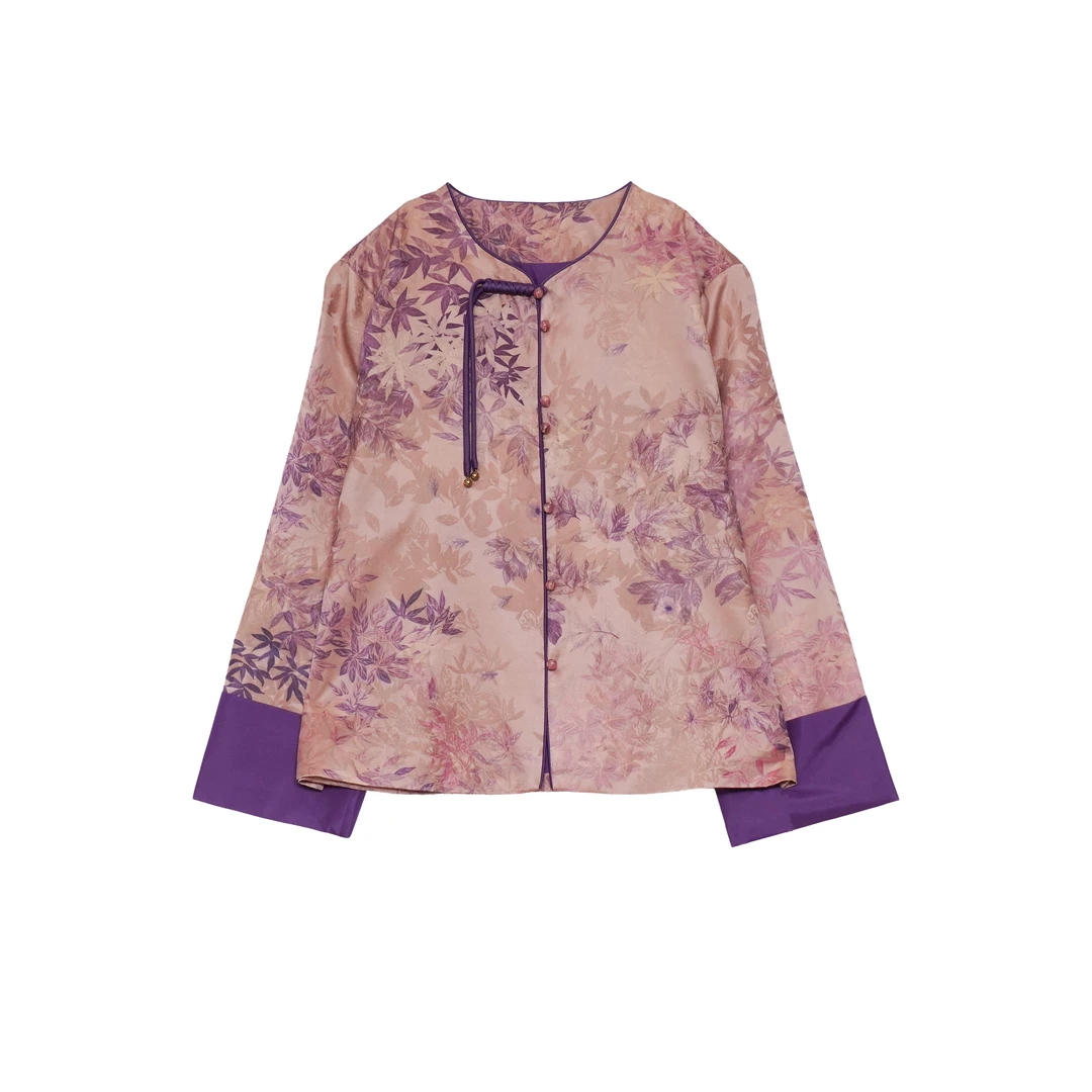 江晚 新款国风100桑蚕丝圆领盘扣百搭长袖上衣外套 LJ-4073