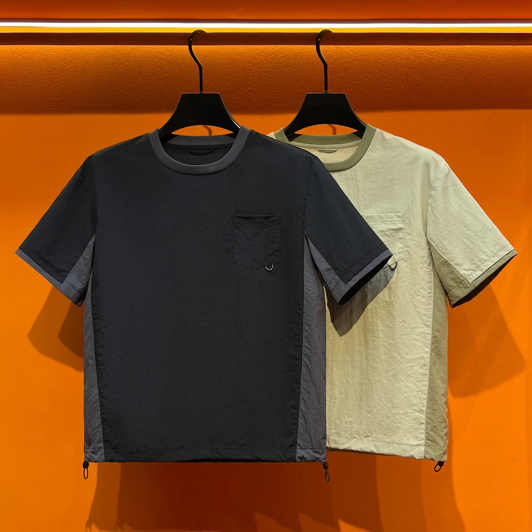 日系复古撞色假两件短袖T恤男夏季潮牌拼接机能设计感潮流半袖