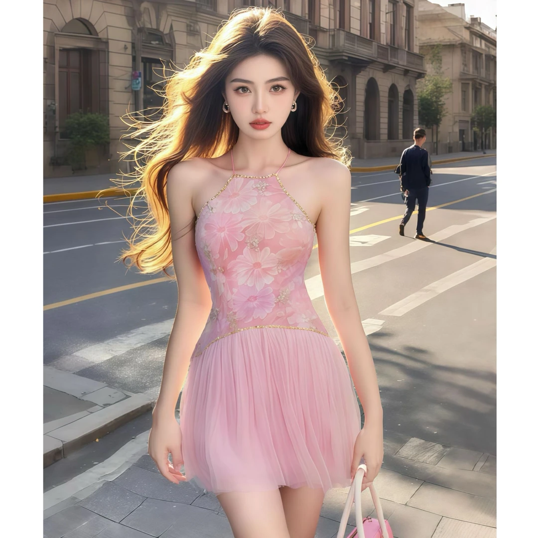 柔雾粉小众印花设计感时尚气质修身甜美气质连衣裙显瘦温柔法式