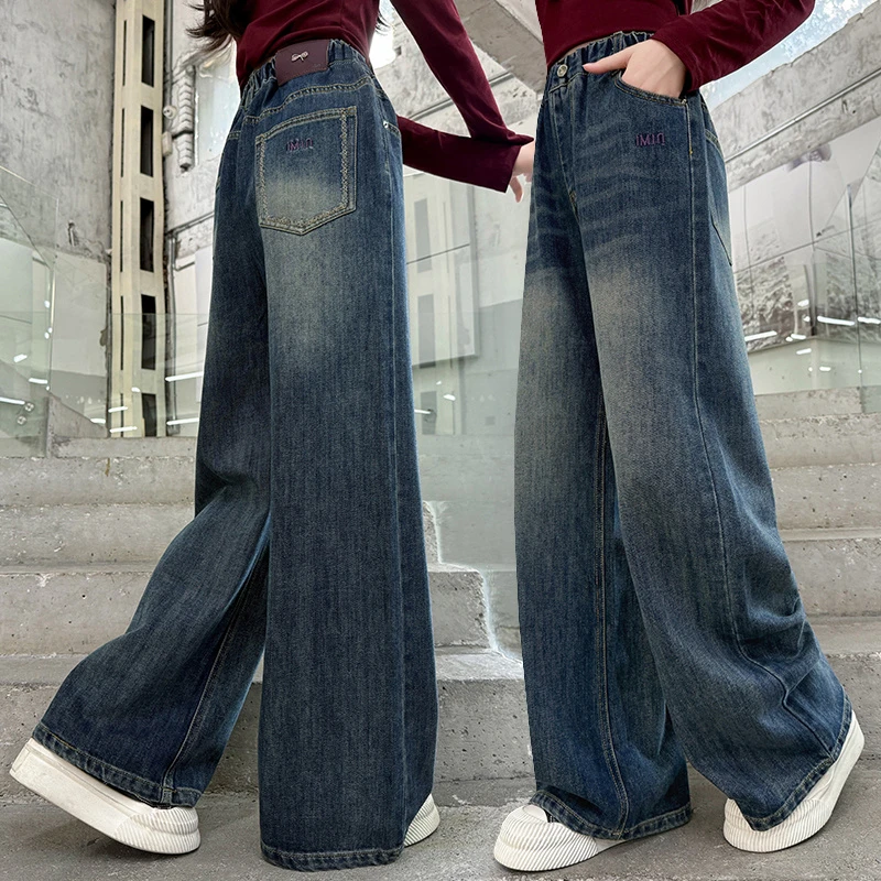 女童牛仔阔腿裤春秋儿童裤子洋气2025新款女大童时髦显瘦直筒裤潮