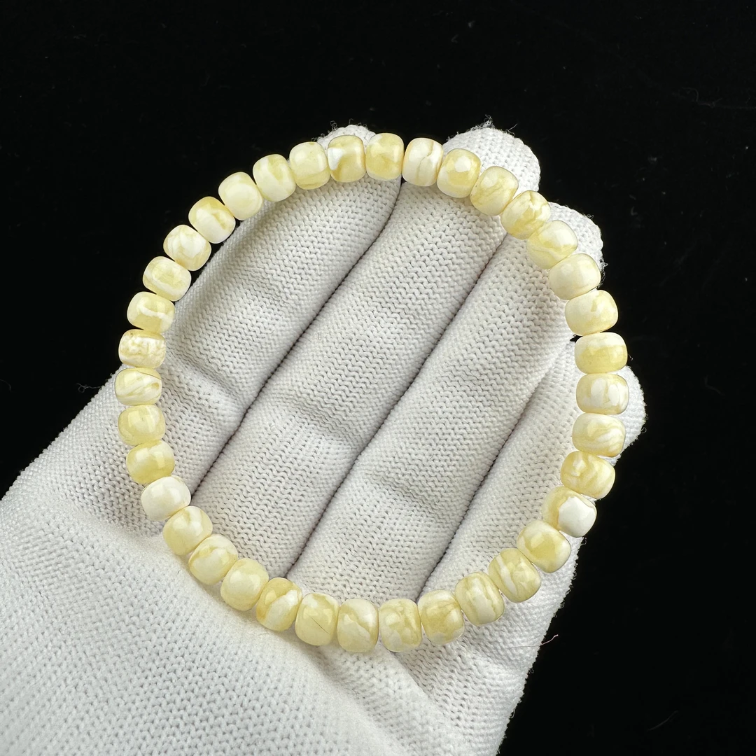 R2437天然原矿蜜蜡 瓷白花手串 6.2*4.9mm抖音基地质检发货