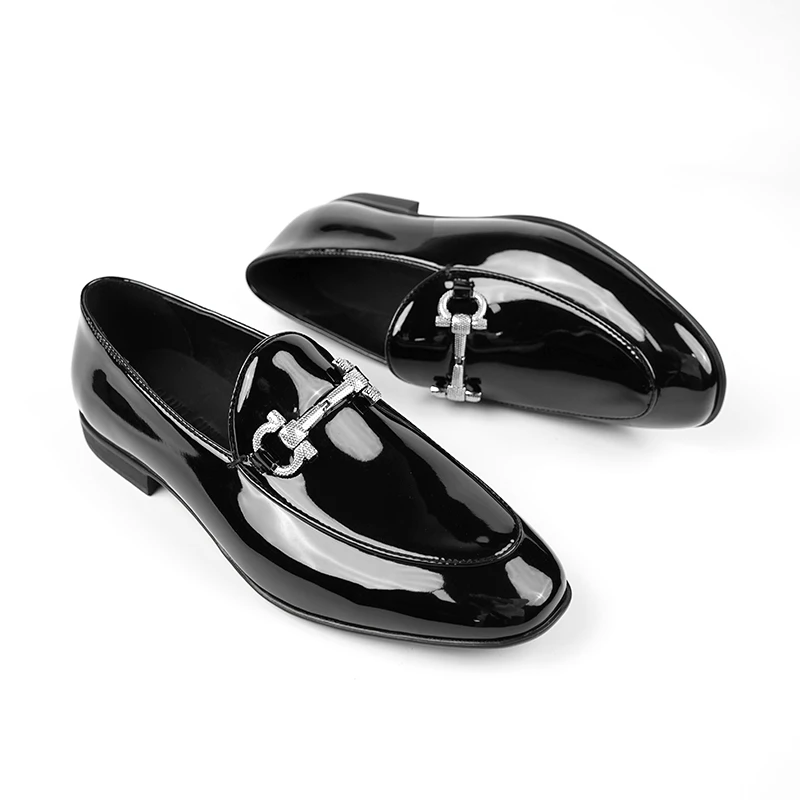 夏款男鞋马衔扣亮面真皮一脚蹬皮鞋男休闲高档乐福鞋